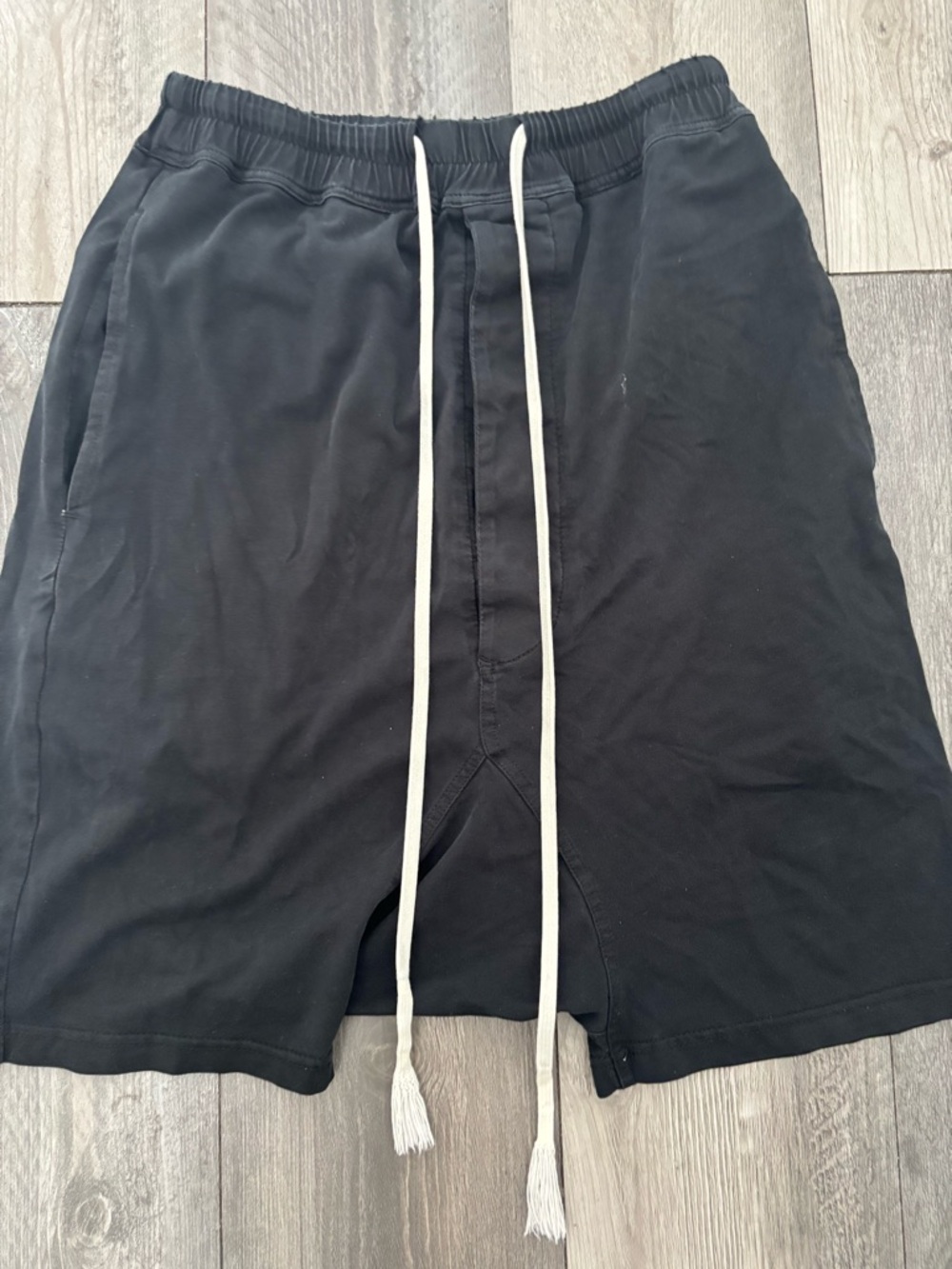 Rick Owens Black Athletic Shorts with Long White Drawstrings